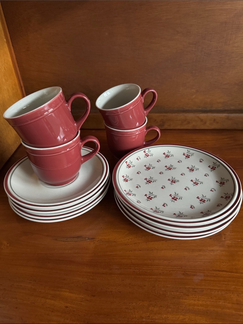 Burgundy Red Salad Plates, Teacups & Saucer Floral Newcor Stoneware 12 Pieces